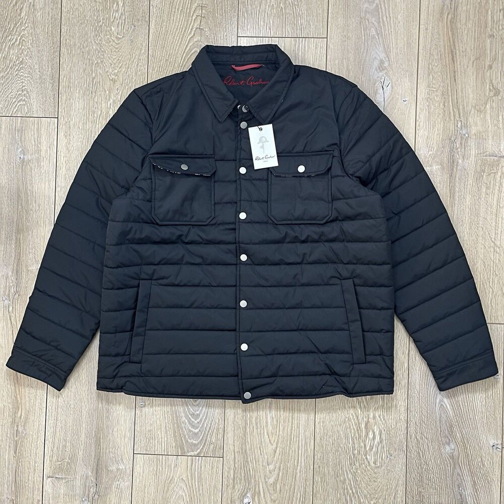 Robert Graham Quilted Puffer Print Lining Shirt Jacket Black Size XL